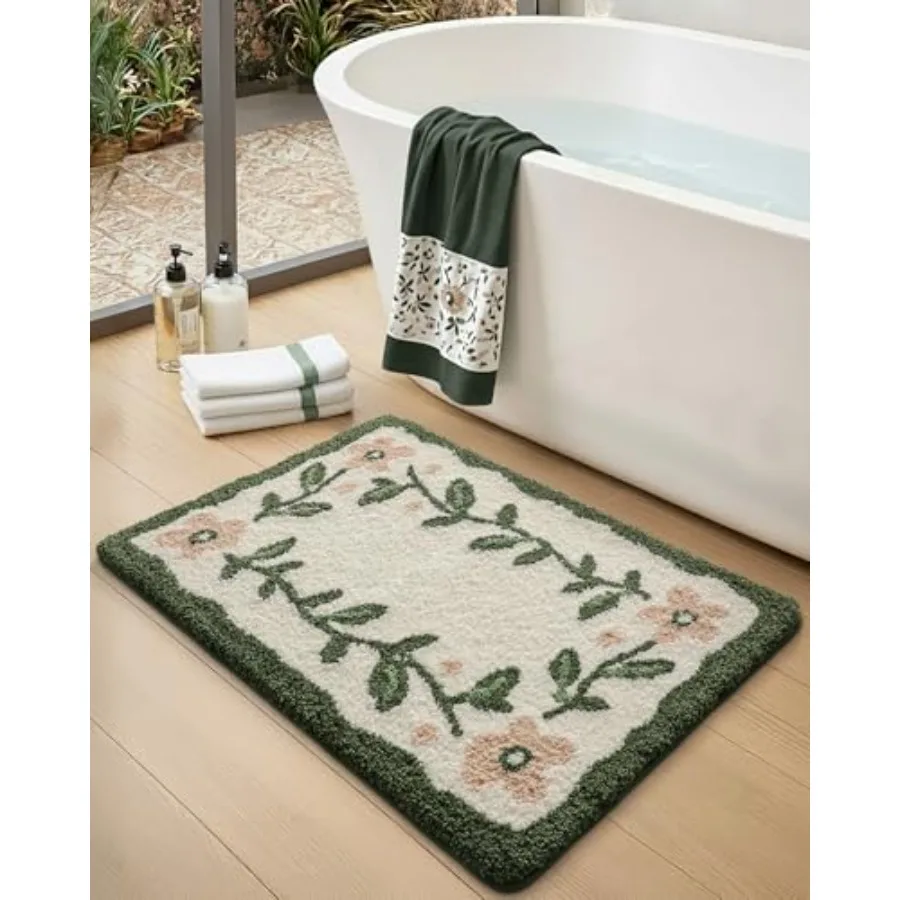 Floral Bathroom Rugs 32x20, Green Leaf Bathmat Non Slip, Washable Absorbent Quick Dry Bath Mat, Soft Plush Microfiber Cute Pink