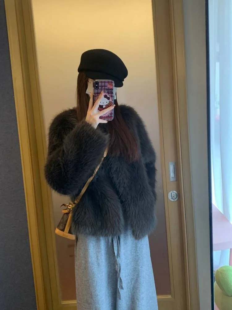 

Ele ort Fur Coat Women's Loose Fit Faionable Winter Outerwear Premium Quali Animal Fur Sle Versatile mat