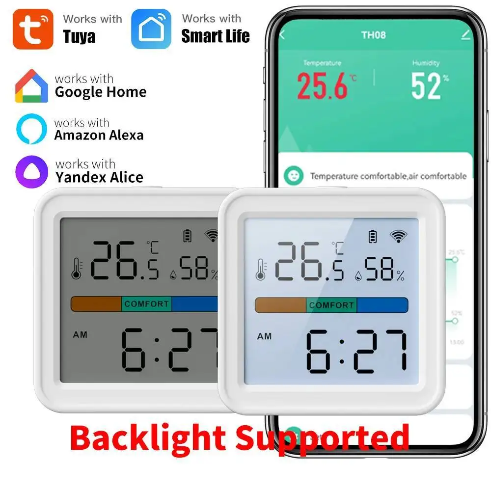 

Tuya Wifi Temperature Humidity Sensor Hygrometer Thermometer Home Backlight Smart Life Support Alexa Google Assistant