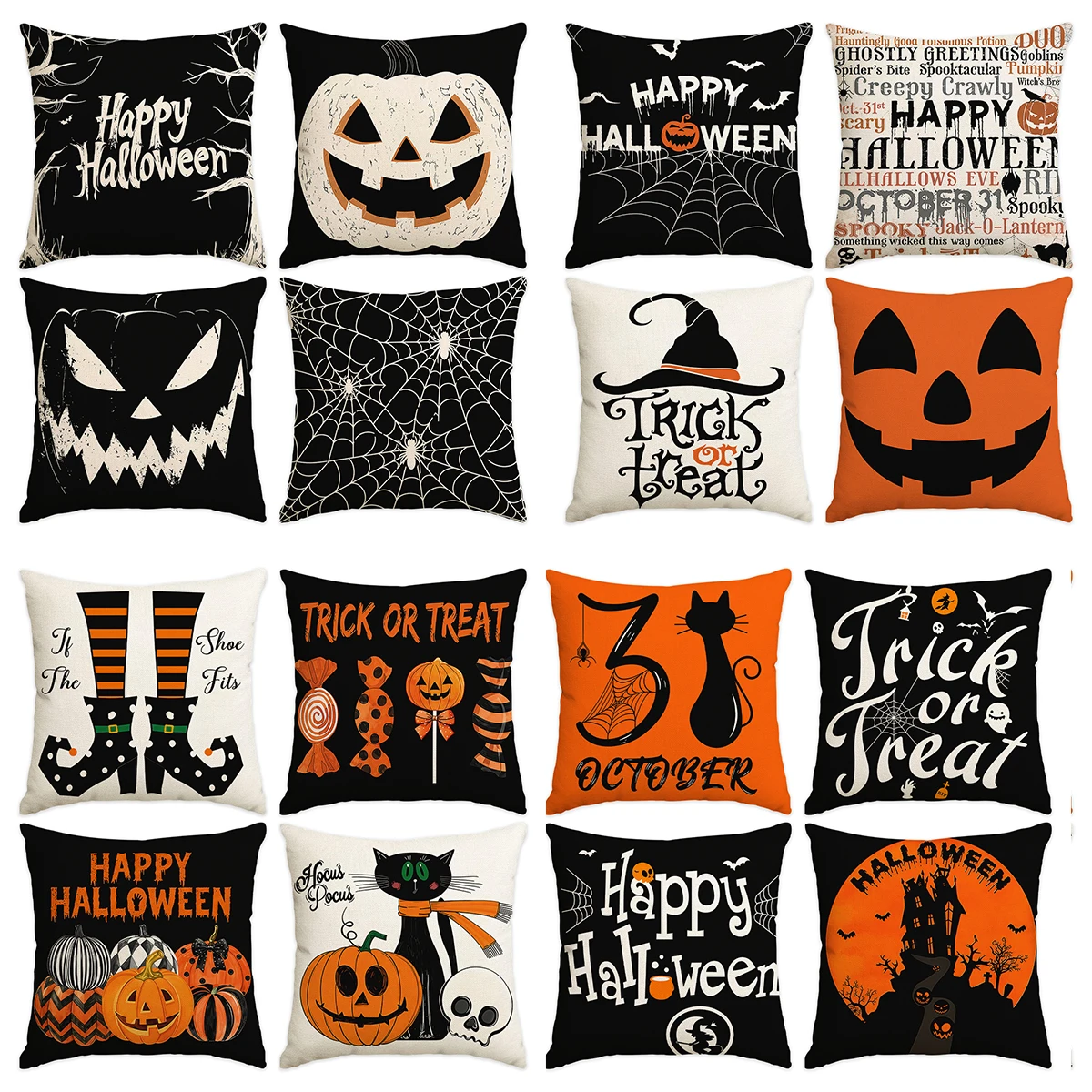 4pcs Halloween Cushion Cover, Horror Pumpkin Lantern Spider Web Bat Scary Castle Black Cat Pattern Halloween Home Decoration