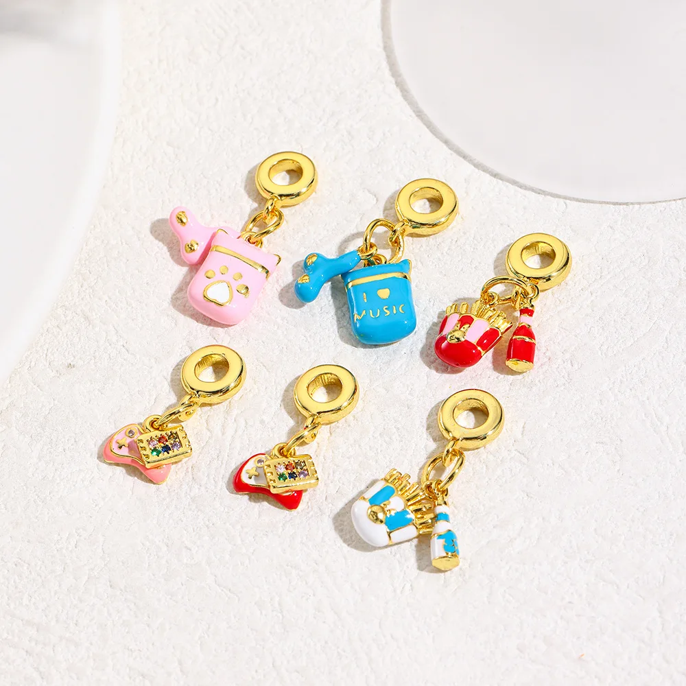 

5Pcs copper enamel earphones game accessories French fries Coke large hole beaded pendant bracelet DIY jewelry accessories