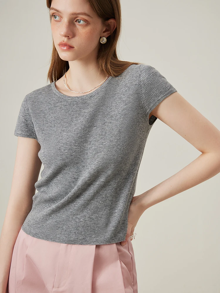 FSLE 【3 Colors】31.5% Wool Soft Thin Women Summer Short Sleeve T-Shirts Back Neckline Lace Up Design Female Grey Tees 24FS12416