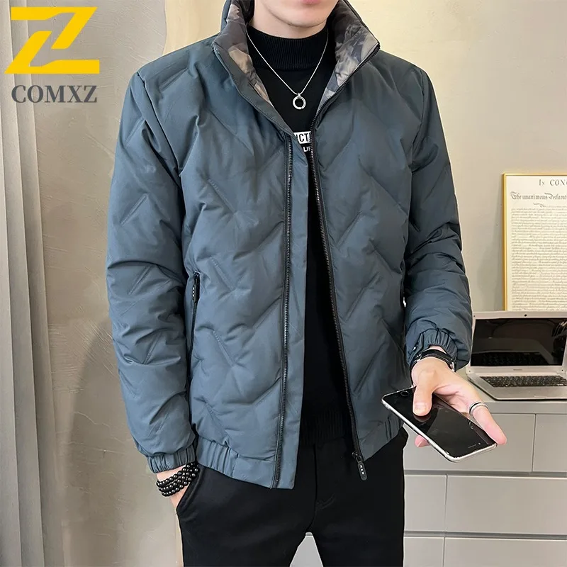 COMXZ 2025 Mens Stand Collar Puffer Jacket American style Winter Tactics Trendy Casual Outdoor Sport Waterproof Windproof Coat