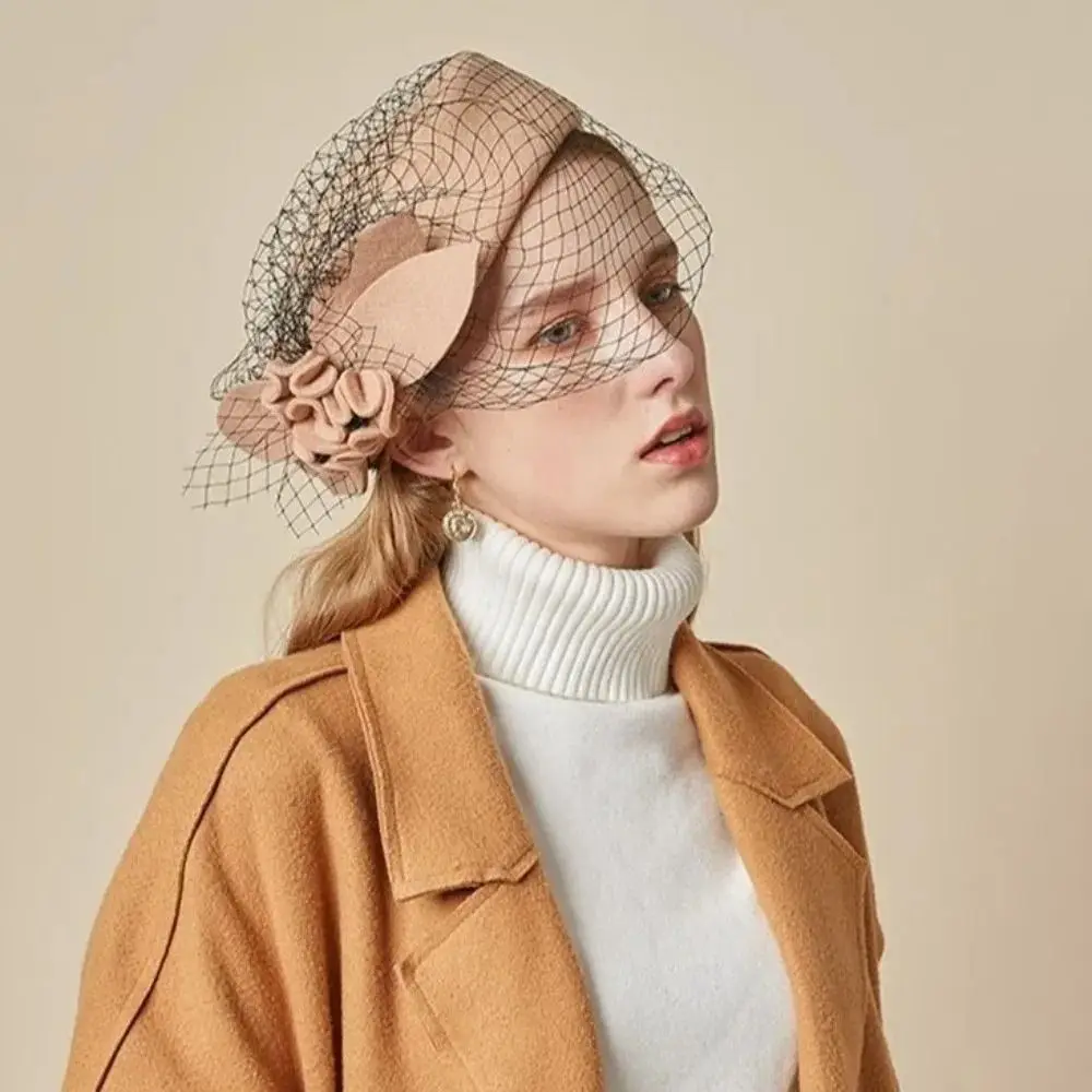 Woolen Top Hat Vintage Mesh Topper Hat Solid Color Flower Woolen Beret Retro Charm Airline Stewardess Caps Fashion Show