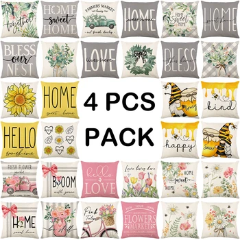 4Pcs Floral Throw Pillow Cases Square Linen Cushion Cover 45x45CM 1