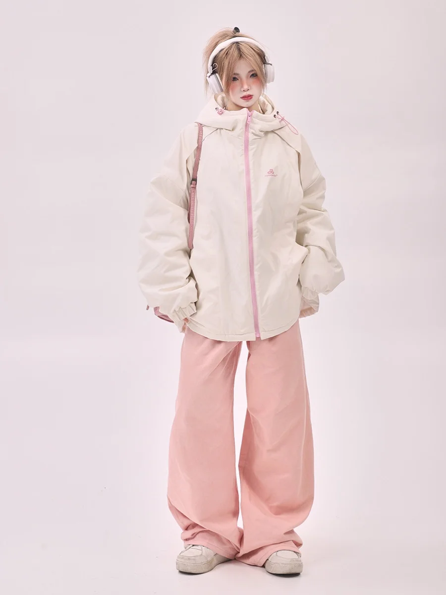 

American Sle Retro Loose White Cotton Jaet Women's Winter New Hat Cotton Clothes Thiened Long Sve Zipper Closure