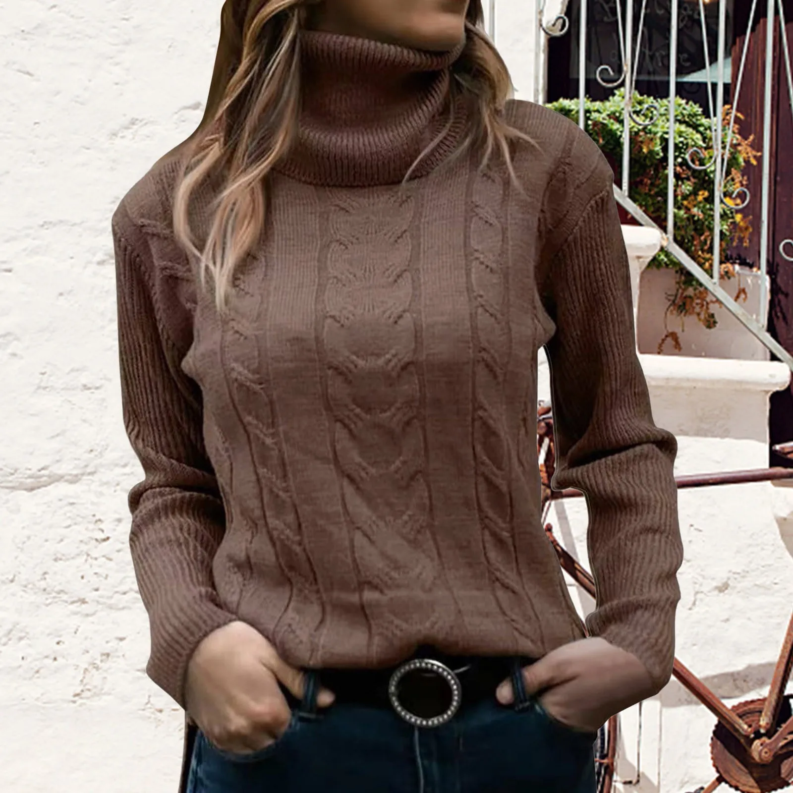 Turtleneck Long Sleeve Cable Knit Sweaters Fitted Solid Color Twisted Sweatshirts for Women Simple Autumn Warm Bottom Sweater