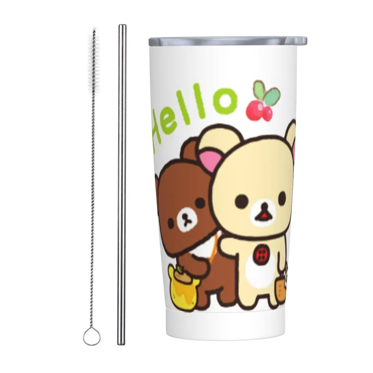 Hello Milk And Mocha Cute Teddy Bears 3 Stainless Steel Tumbler Vacuum Insulated Mugs Thermal Cold Bottle Straw With Lid 20oz
