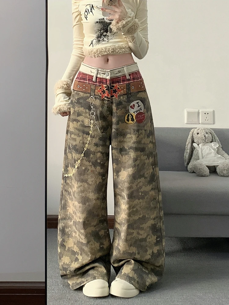 American Retro 3D Printed Camouflage Belted Wide Leg Jeans Women's Loose Slimming Design Casual High Waist Denim Pants