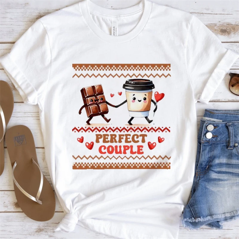 Clothing Kawaii Basic Chocolate Coffee Print Pattern T-Shirt Cartoon Fashion Women's Summer Casual O-Neck Short Sleeved T-Shirt