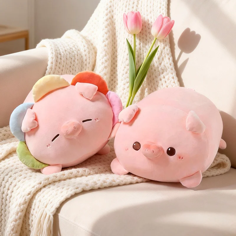 Pig Plush Doll Rainbow Tuft Pig Sleep Hat Pig Multi Size Pink Stuffed Animal Round Soft Huggable for Bedroom Companion Rest