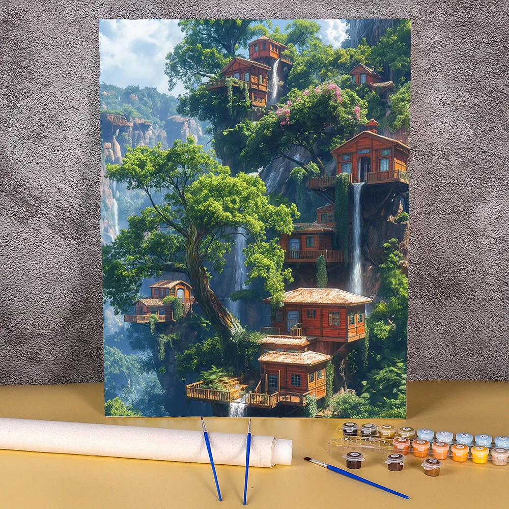 

DIY Paint By Numbers Kit For Adults Tree House, Waterfall Acrylic Digital Oil Painting Art On Canvas Home Decor Gift No Frame