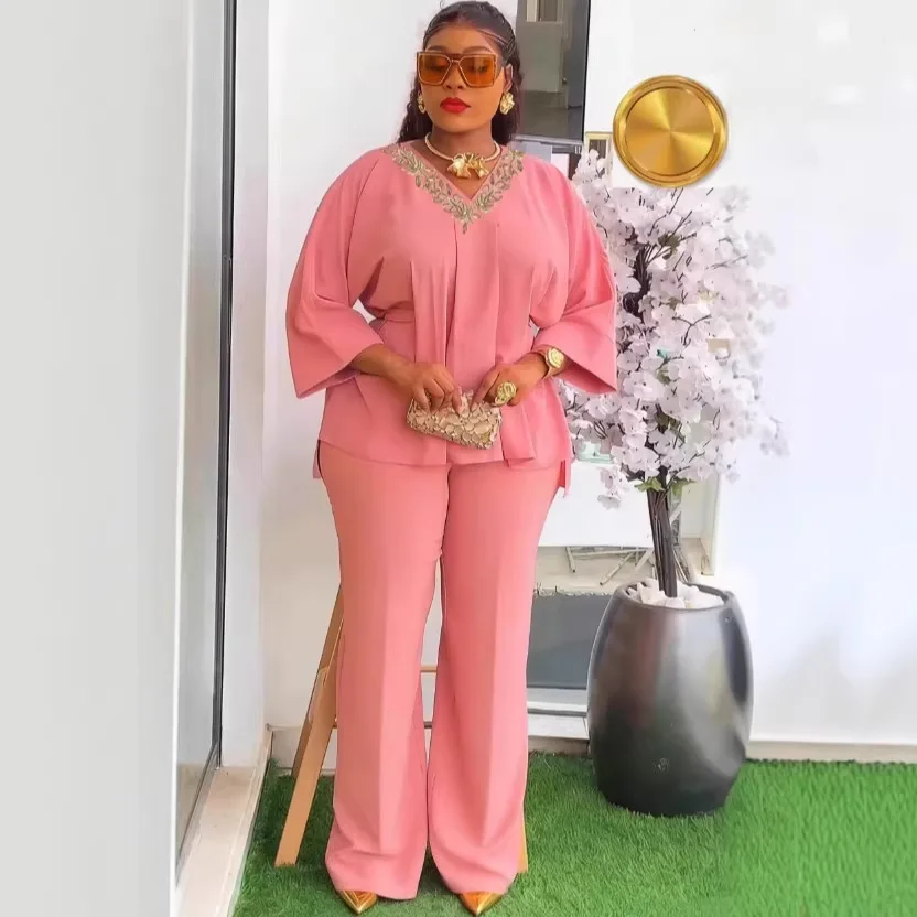 African Dresses for Woman Pink Two Piece V Neck Appliques Waist Cinching Top Wide Leg Long Pants Fashion Office Party Outfits