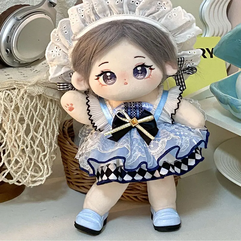 

20cm Plush Doll Clothes Handmade Sweet Cute Bow Splicing White Lace Hairband Blue Sling Dress Fashion Set For Doll Accessories