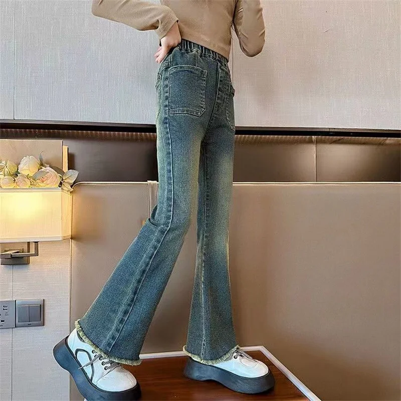 Girls Autumn Jeans Children Slim Retro La Letter Flare Pants Spring New Children Solid Colour Elastic Trousers 4-12 Years Old