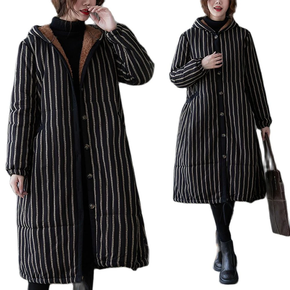 

NEW Fashion Cotton Overcoat Female Women's Cotton Coat Mid-Length Loose Hooded Black Stripe Padded Warm Winter Jacket Parkers