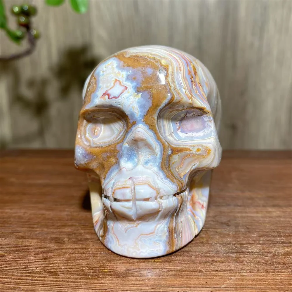 

Natural Carzy Lace Agate Skull Carving Stone Halloween Decoration Minerals Craft Gifts Energy Healing Meditation Spiritual Gift