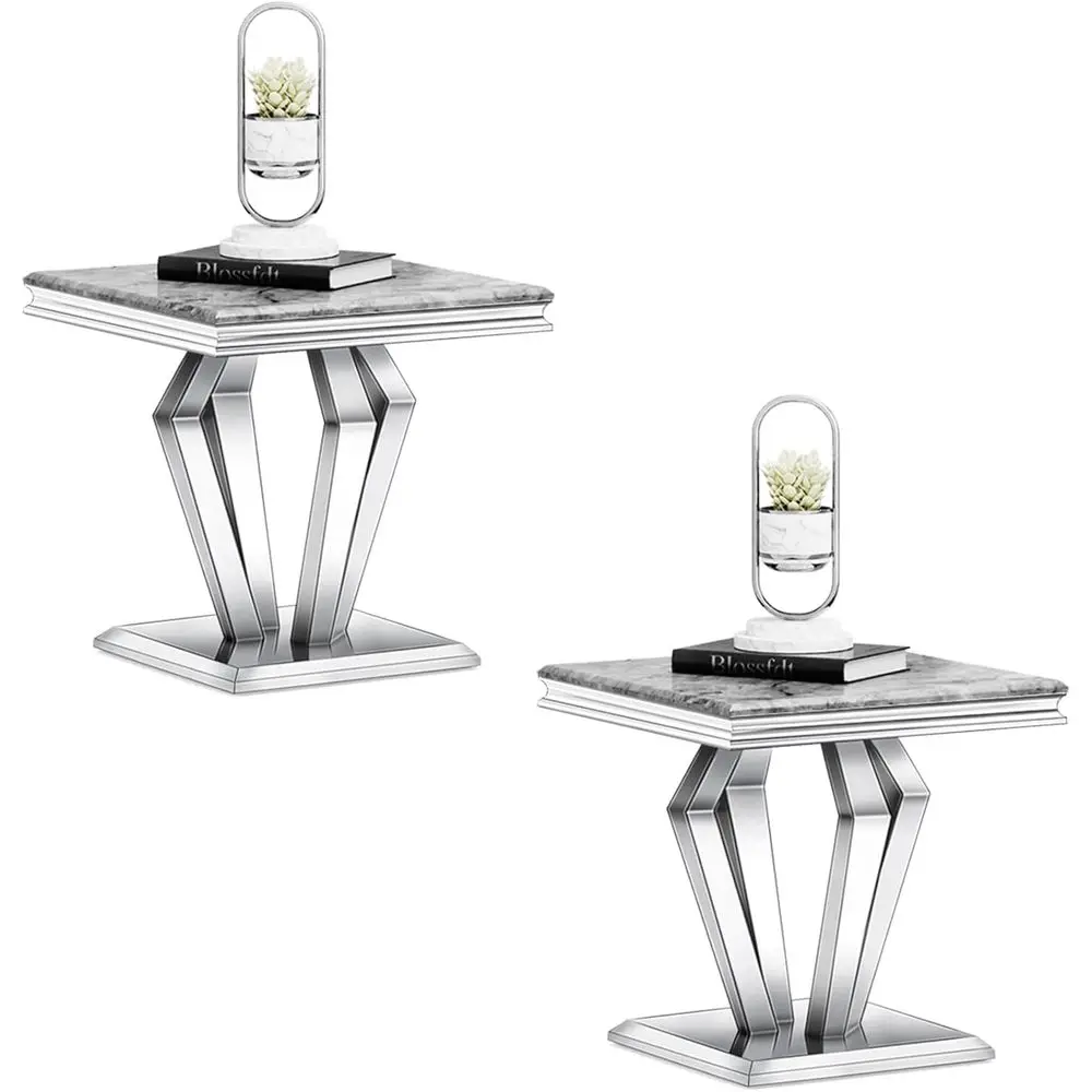 

Silver End Table Set o 2, Glam Grey Side Table with Silver Mirrored Metal Base, 22" Square Table or Living Room, Soa, Balcony