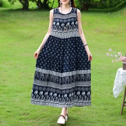 Abito da donna taglie forti Boho abito lungo Maxi prendisole abito da festa abiti eleganti stampa o-collo vita alta senza maniche