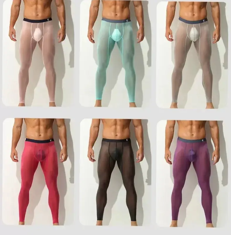 Hot pants men's leggings single piece tight ultra-thin elastic ice silk fully transparent transparent fitness shorts