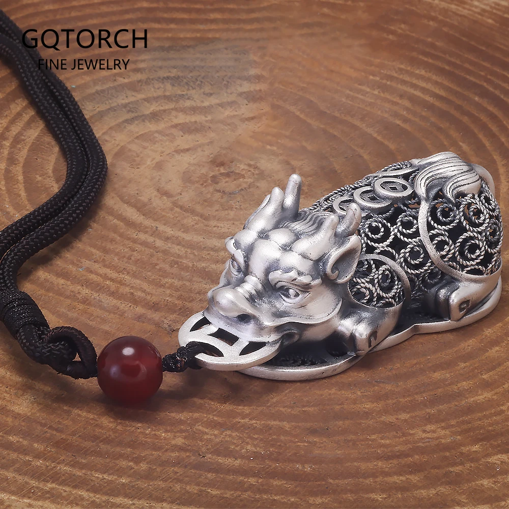 

999 Pure Silver Large Pixiu Coin Lucky Pendant Necklace for Men Good Wealth Vintage Feng Shui Protection Jewelry Gift