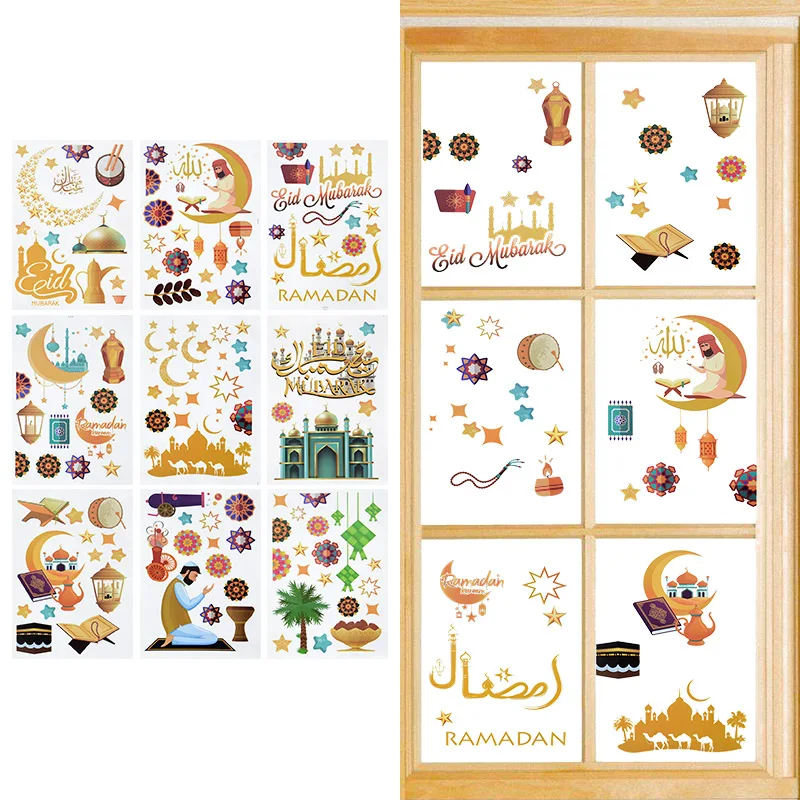 

9pcs/set Ramadan Decoration 2024 Glass Window Stickers Eid Mubarak Wall Decal Decoration For Home Muslim Islamic Decor Mural