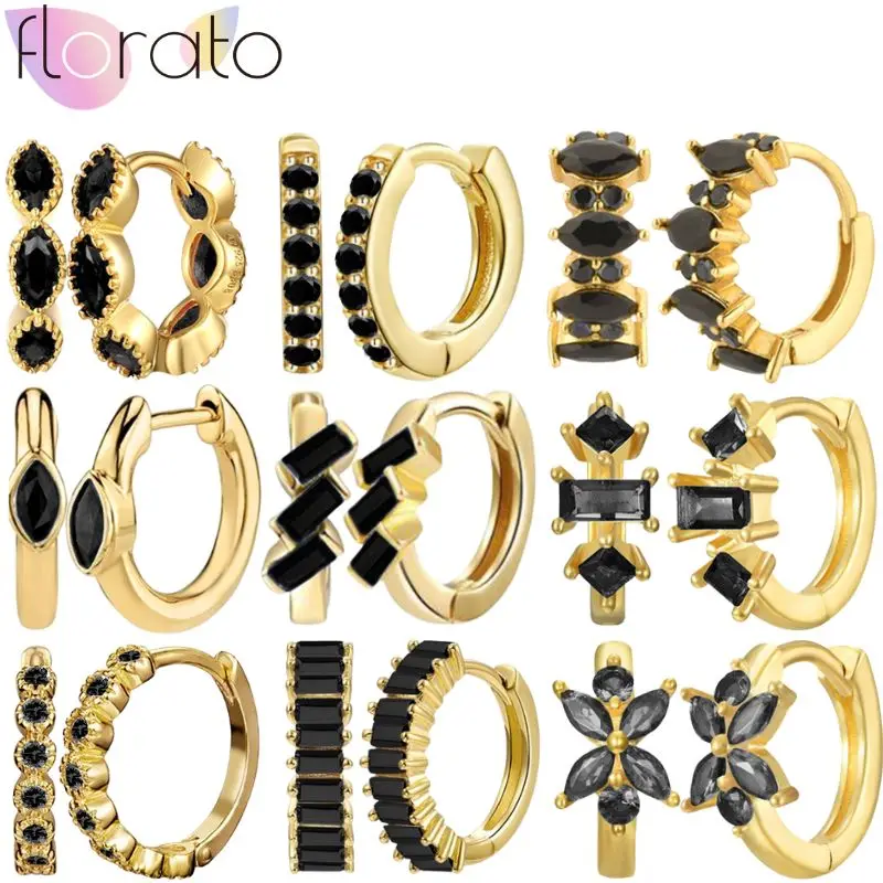 

Exquisite Black Zircon Circle Earrings 925 Sterling Silver Needle Hoop Earrings for Women Gold Plated Piercing Charms Jewelry