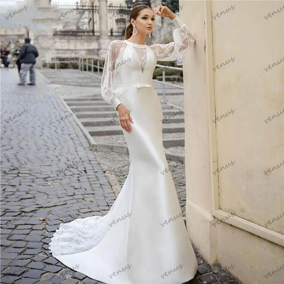 

Luxury Wedding Dresses Satin Sheath Mermaid Lace Appliques Glamorous Bridal Gowns Long Puff Sleeves O-Neck Vestidos De Novia