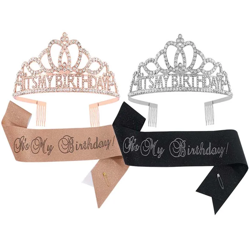 Birthday Girl Tiara Sash Silver It's My Birthday Crown Black Birthday Sash Ribbon for Princess Women Anniversary Party Supplies