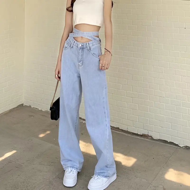 High Waist Back Strap Jeans 2026 Spring Summer Sexy Hottie Straight Leg Wide Leg Denim Pants Korean Y2K Jeans High Street Pants