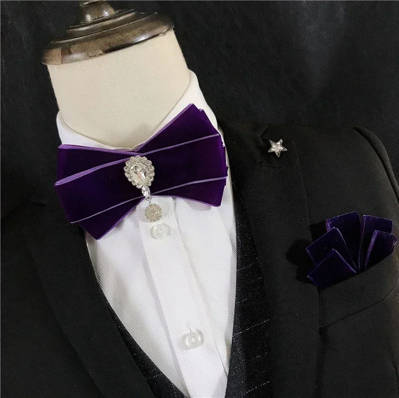 Vintage Herren Samt Diamant Fliege Set Britischer Stil Männer Hochzeit Fliege Taschenhandtuch Kleider Formeller Anzug Hemd Accessoires Geschenke