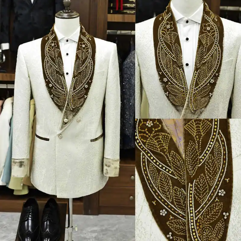 

Fashion Wedding Groom Tuxedo for Man 2 Piece Blazer Pants Shawl Lapel Jacquard Rhinestones Formal Occasion Business Office Wear