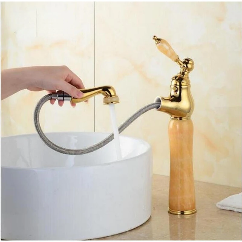 

Fashion Jade and Brass Construction Gold Finished Water Crane Bathroom Basin Faucet,sink Tap Mixer with Pull Out Shower Head