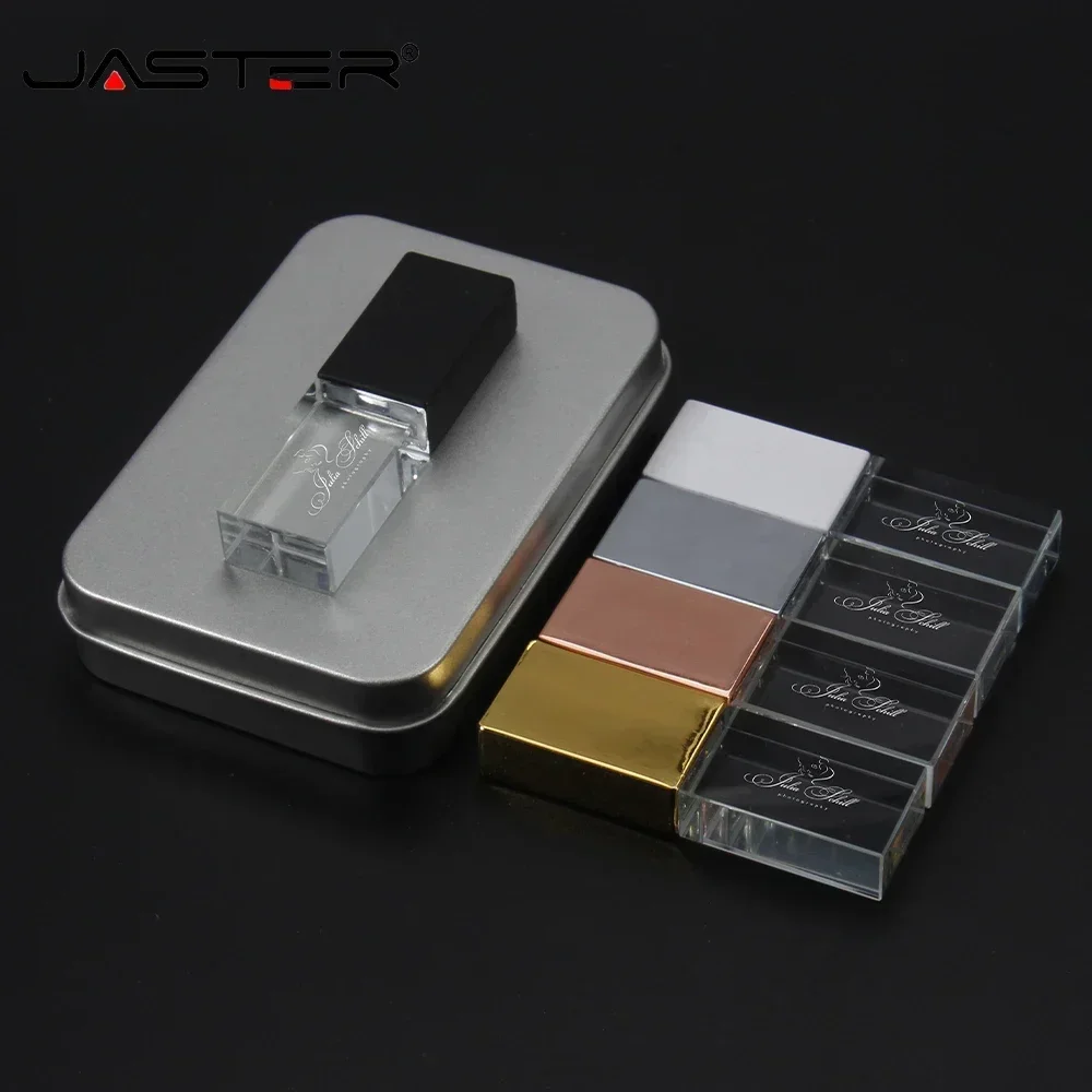 LED Crystal USB Flash Drive 128GB Free Customized Logo Pen Drive Crystal Memory Stick Metal Box External Storage Creative Gift U
