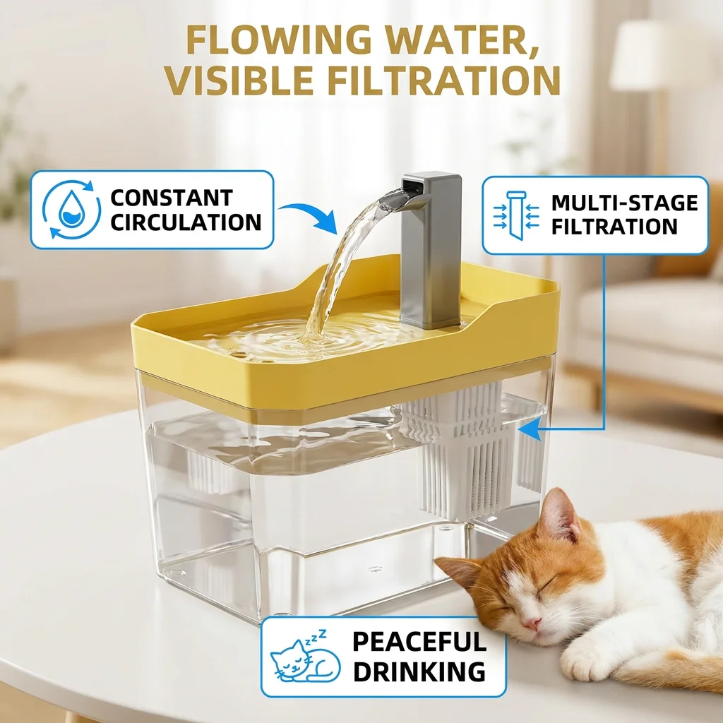 Silent Auto Recirculating Cat Water Dispenser USB Multi‑Filter Pet Drinking Fountain Flowing Water For Kitties Small Pets