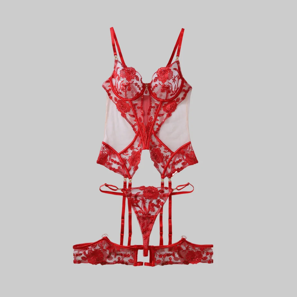 

Ellolace Премиум сексуальное женское белье сверкающее красное тело с блестками, комплект из 4 предметов, горячий декор с драгоценными камнями, женское нижнее белье для танцора меда