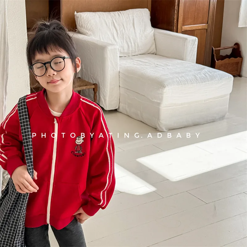 2025 Spring New Children Zipper Coat Cute Cartoon Embroidery Girls Long Sleeve Casual Cardigan Boys Loose Jacket Kids Clothes