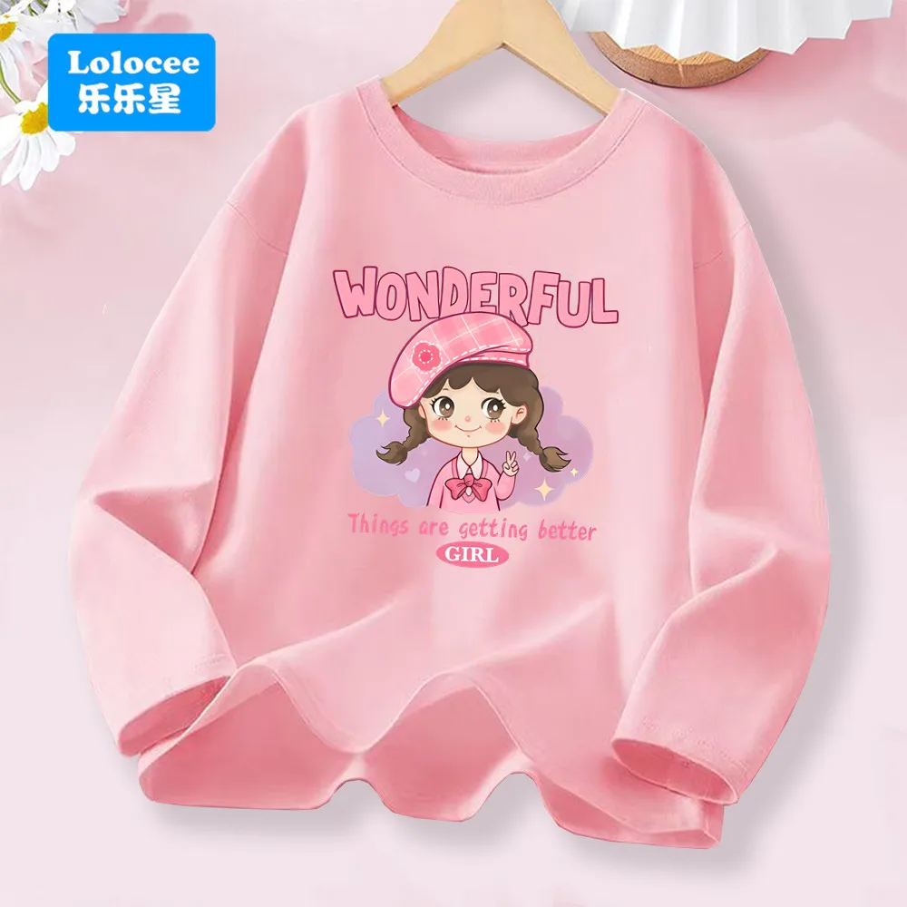 2025, neues Langarm-T-Shirt für Mädchen, bezauberndes Cartoon-Mädchen und inspirierendes Slogan-Design, Baumwolloberteile für Kinder, Alltagskleidung