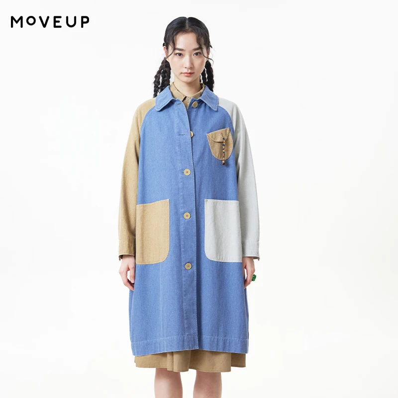 MOVEUP 100% Cotton Lapel Long Coat  2026 Autumn Color Block Patch Pockets Bead Pendant Coat Loose Casual Outerwear 3ELQ20714