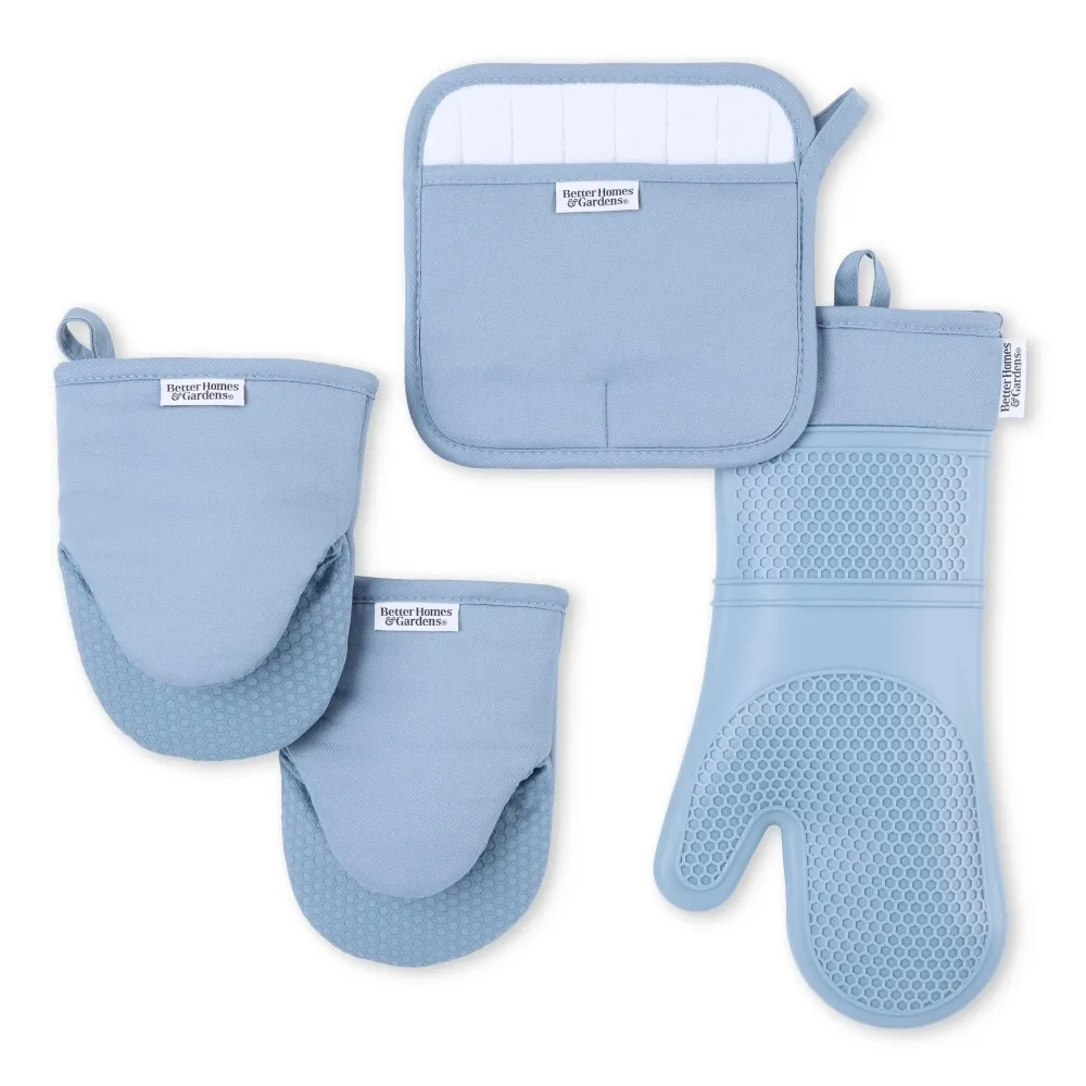 Heat Resistant 4-Piece Oven Mitt Set with Potholder and Mini Mitts Kitchen Cooking Baking Gloves Indigo Blue