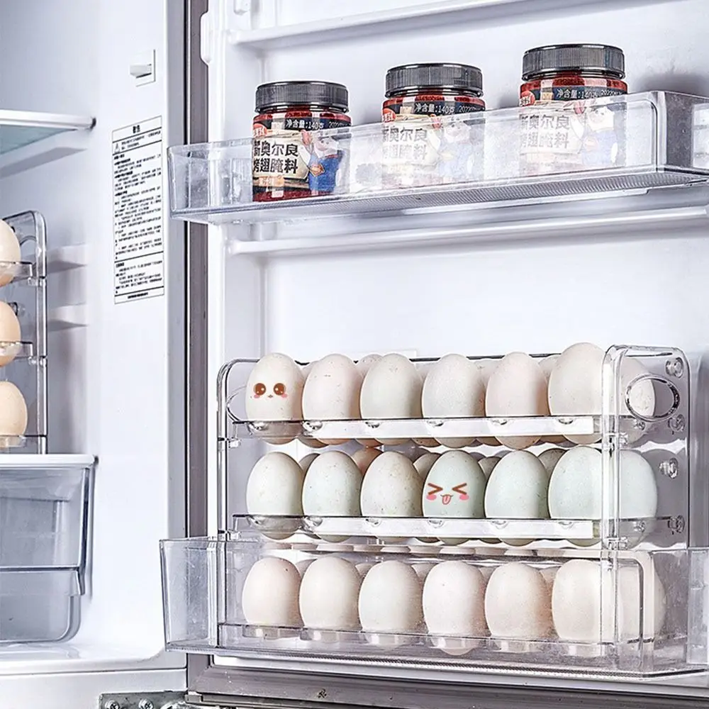 Fresh-Keeping Egg Storage Box Transparent Large Capacity Egg Container Space Saving Automatic Turning Egg Holder Support Kitchen