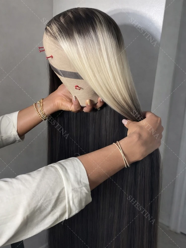 

Накладной парик из натуральных волос 613 Black Mix Blonede Highlight Ombre с прямой текстурой, готовый к ношению, улучшенная многослойная прическа, без клея, с фронтальной сеткой 5x5