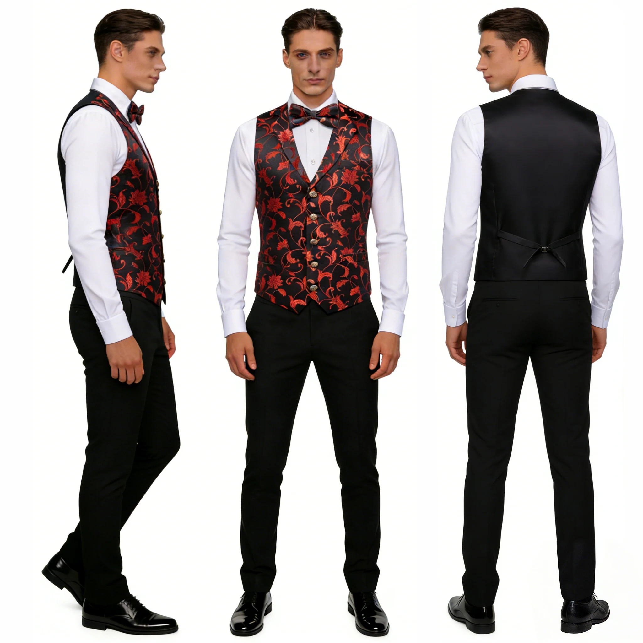 

Мужской жаккардовый жилет с полувырезным воротником и цветочным узором, с галстуком-бабочкой, платком-паше и запонками, для свадьбы, вечеринки, деловых мероприятий