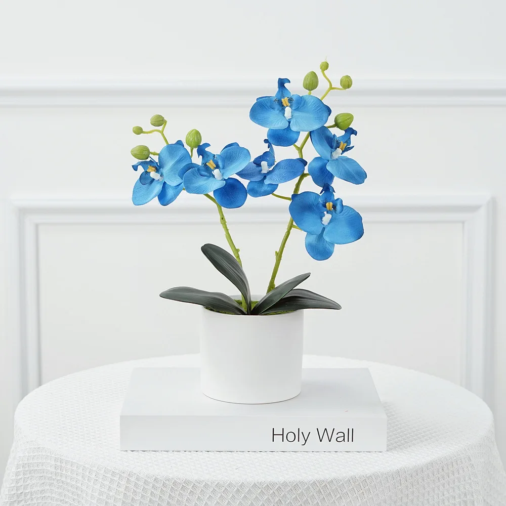 

32cm Silk Cloth Nordic Floriculture Ornaments White Blue Phalaenopsis Artificial Potted Plant Fake Flower Potted Plant Green Pla