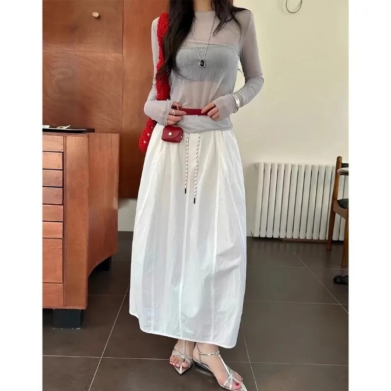 Women's High Waist Puffy Midi Skirt Casual A-Line Patchwork Pumpkin Skirt Sweet Girl Style Flared Hem Skirt for Summer