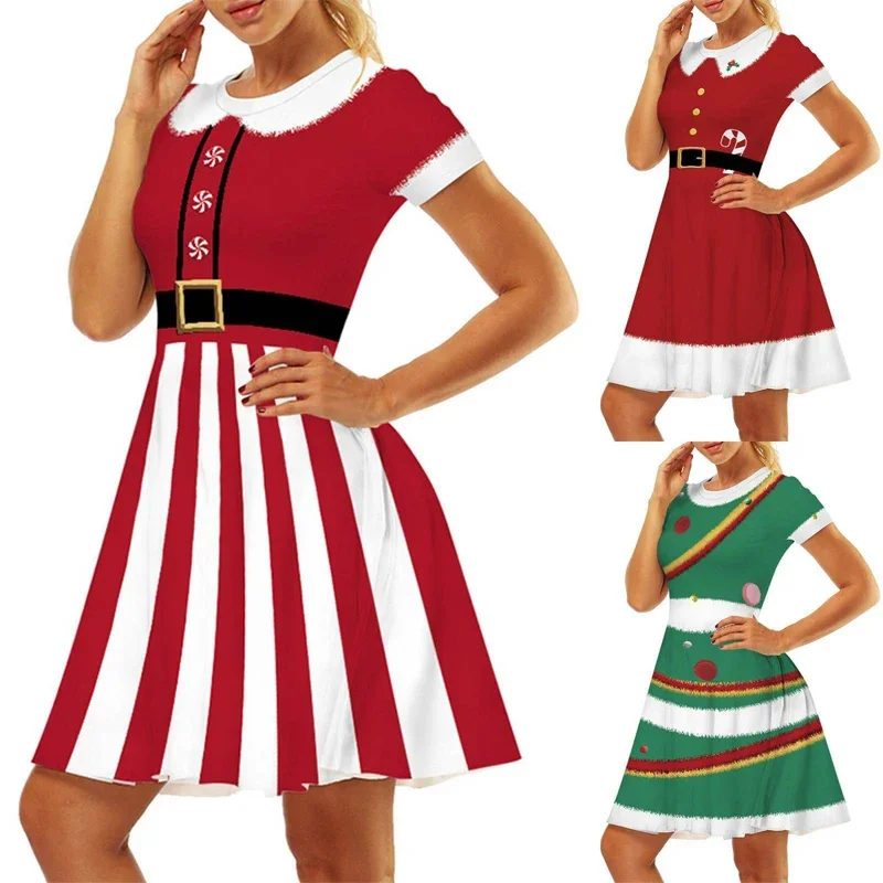 Damska sukienka wesołych świąt dla kobiet Xmas Elf Snowman Stripe Printed Xmas Vintage Female Party Performance Cosplay Costumes