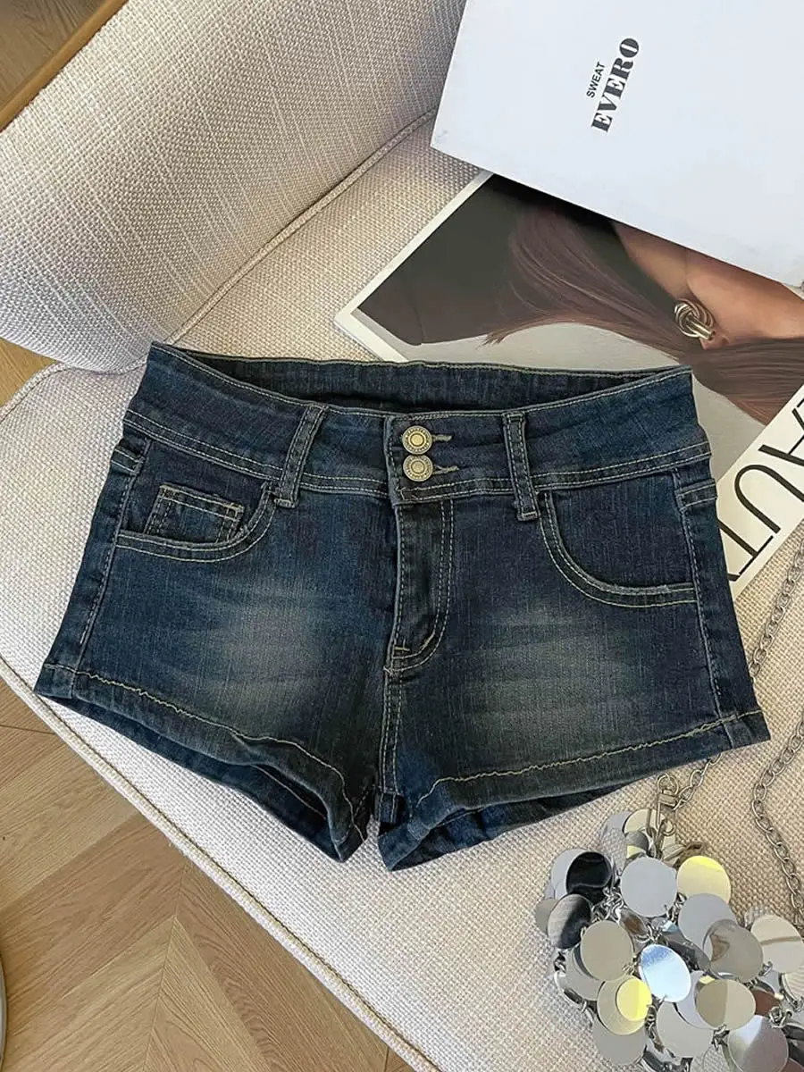 

Джинсовые брюки трапециевидной формы с низкой талией, женские летние новые утягивающие бедра, американские шорты, темно-синие повседневные джинсы