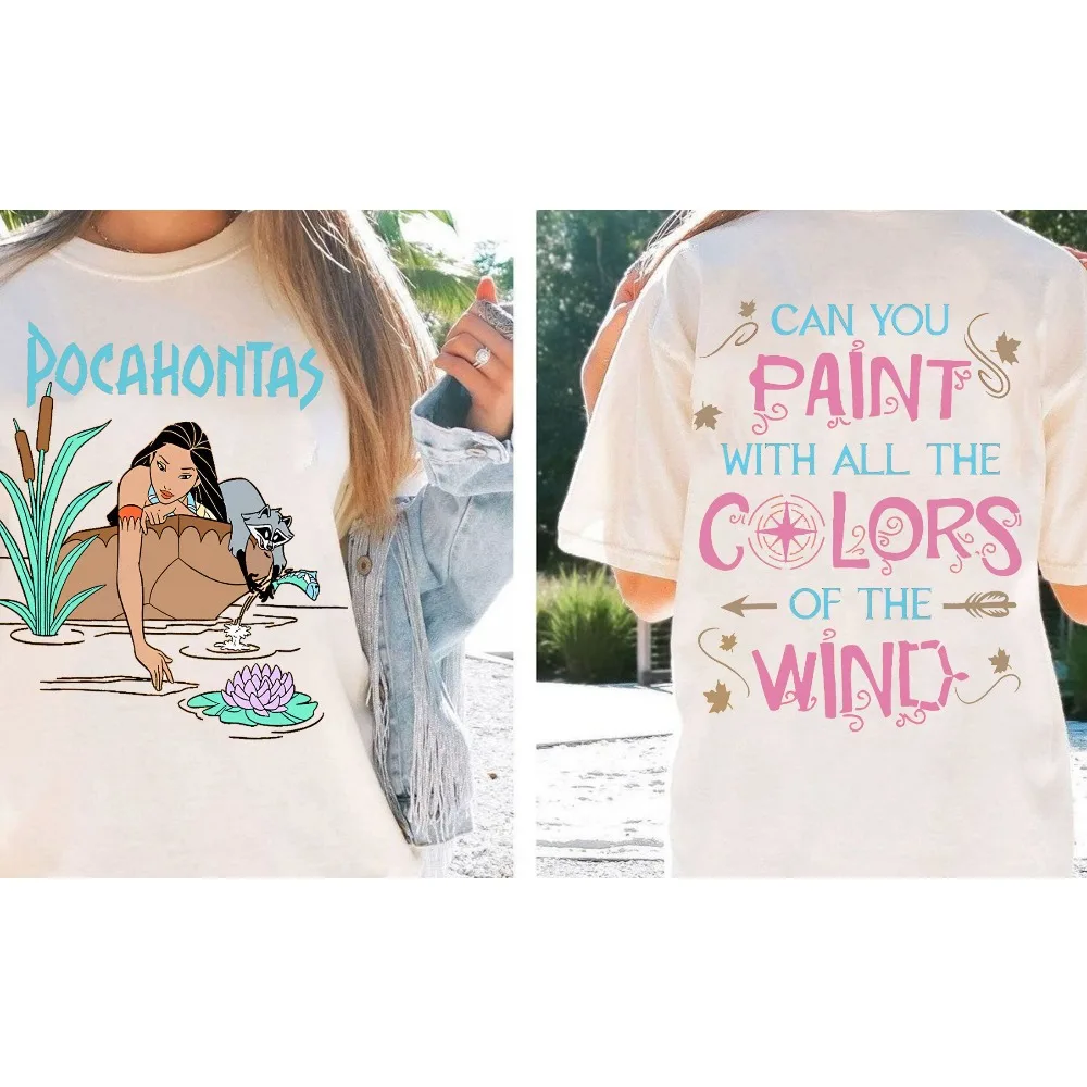 Camisa retro de princesa Disney de 2 caras |   Camiseta Pocahontas Meeko mapache |   Camiseta con colores de sueño de la tarde del viento