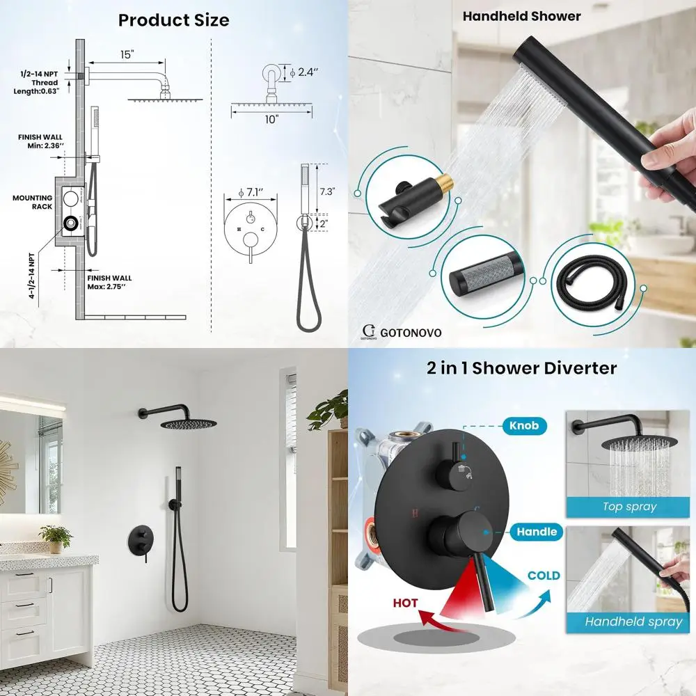 10 Matte Black Round Rainfall Showerhead with Wall Mount High-Pressure Set and Handheld Sprayer