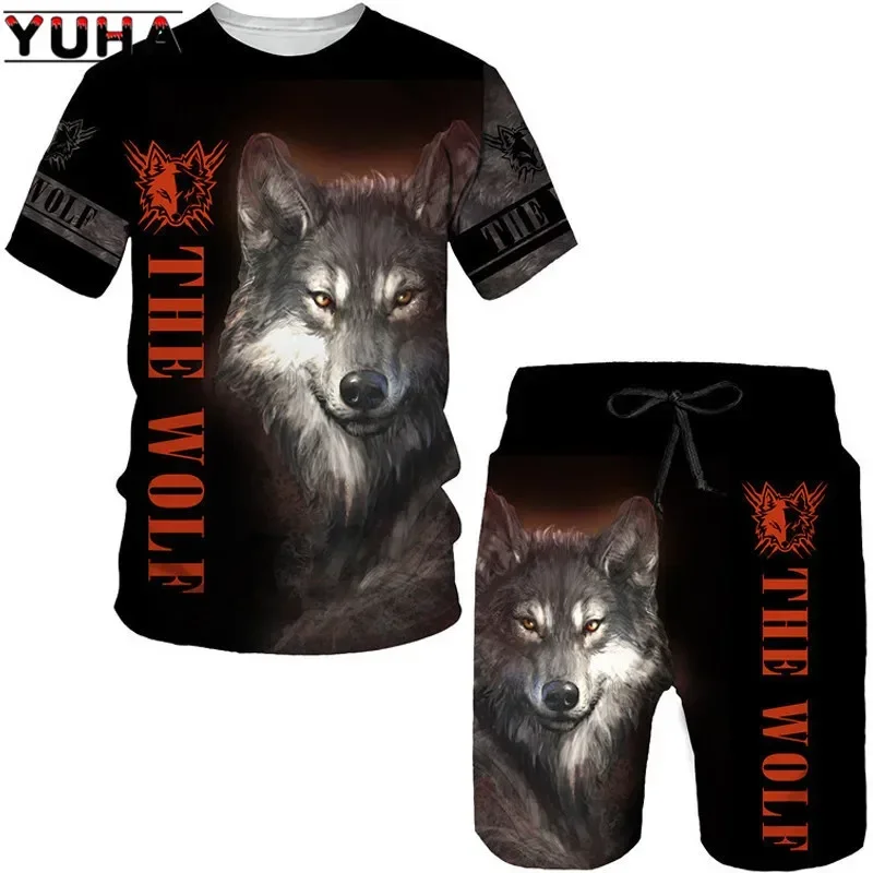 Fashion Summer Wolf 3D Printed Men\'s T-Shirt Shorts Sleeve Tops Unisex Cool Animal Sport O-neck Tracksuit Hip Hop Set Su